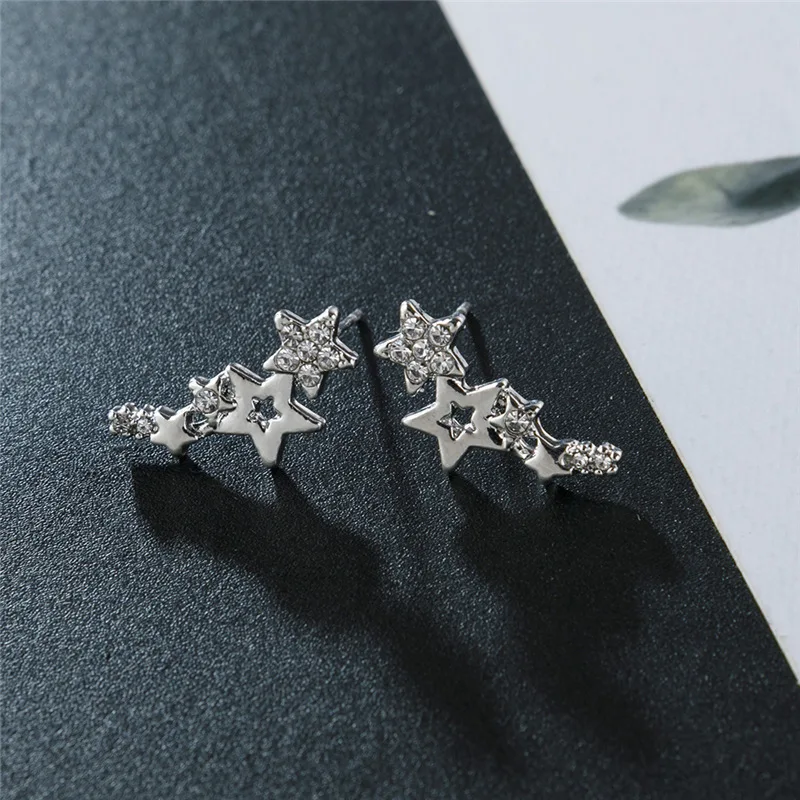 Korean Shiny Zircon Star Flower Climbing Earrings for Women Exquisite Sliver Color Crystal Statement Earrings Jewelry Gifts