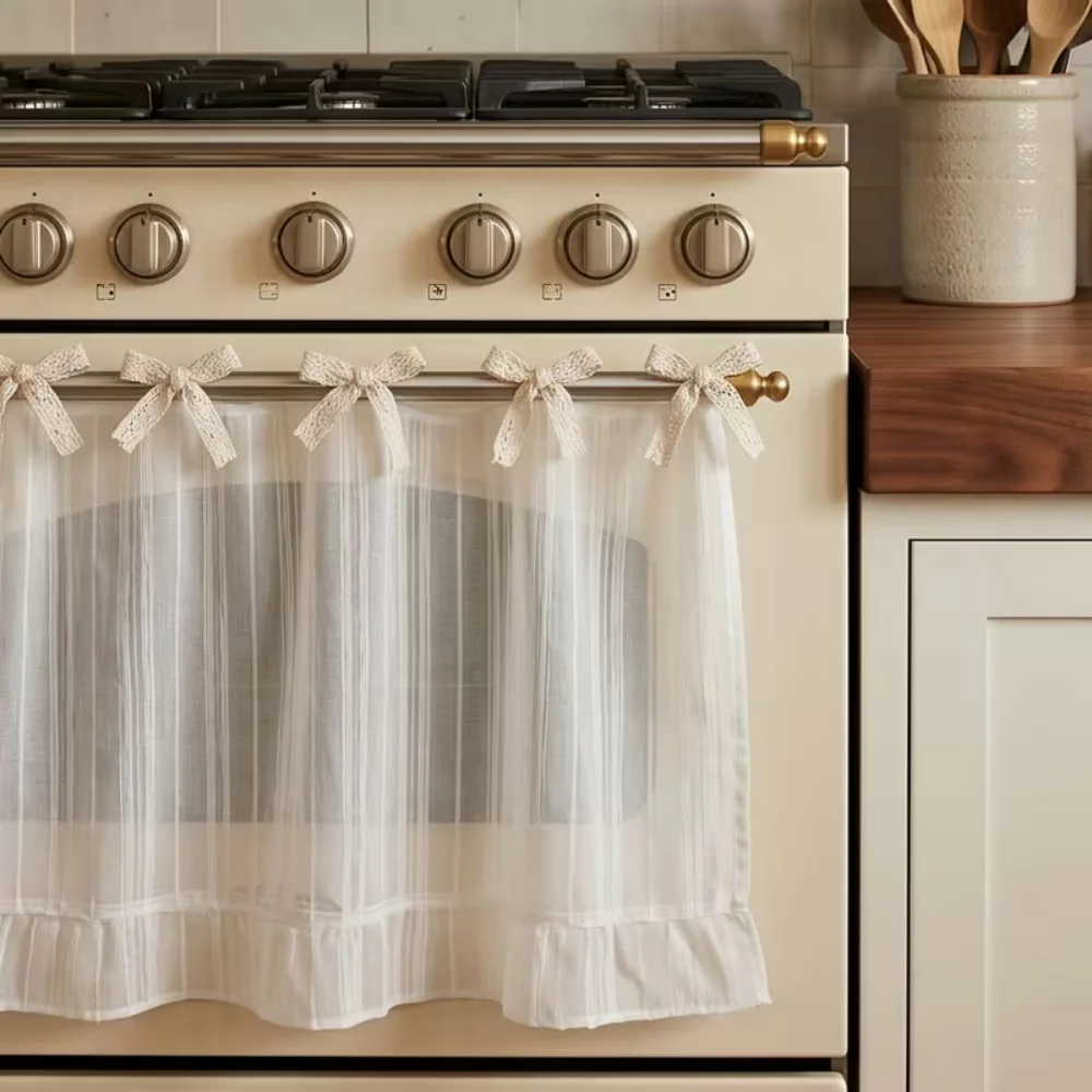Bow Tie Tie Oven Cover Curtain Pastoral Style Farmhouse Coffee Machine Half Curtain Ruffle Edge Stove Decor Valance