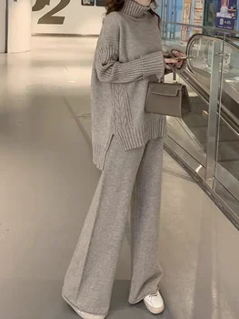 Conjunto de camisola terno quente para mulheres ternos de malha de inverno 2 peça conjunto sólido gola alta camisola + calças soltas senhora do escritório terno