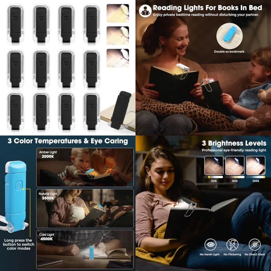 

12 Pack Reading Light, Rechargeable Book Light for Reading in Bed, Clip-On Book Lights with 3 Color Temperature, Bulk Gifts for