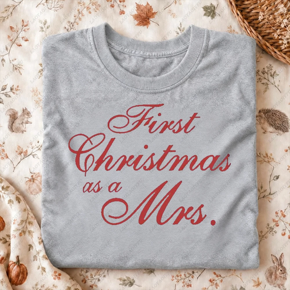 First Christmas As A Mrs TShirt Women Elegant Newlywed Script Print Short Sleeve Cotton Holiday Tops Bride Gift Women Clothing