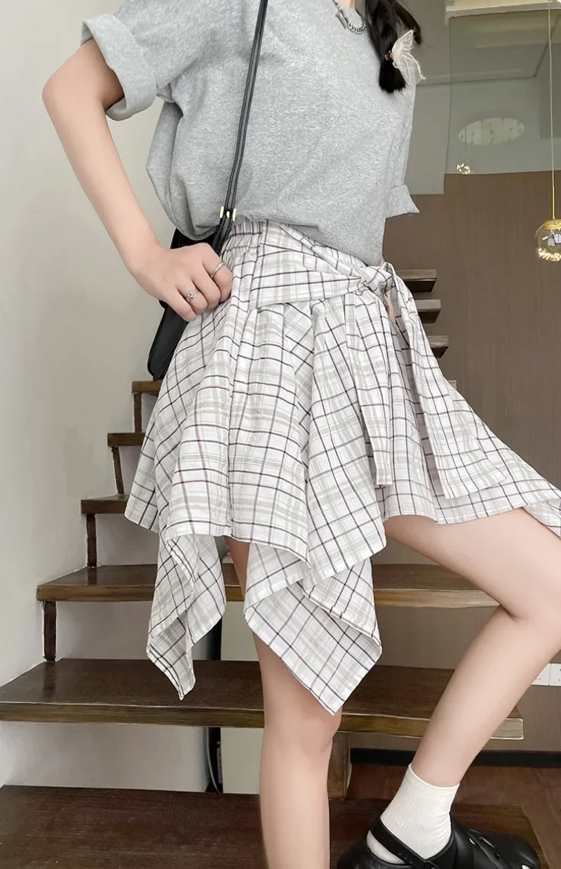 Classic Irregular Plaid Skirt Summer Women Fashion Shirt Skirts Slim Sheath Dress Sweet Preppy Style Dresses All Match Bottoms