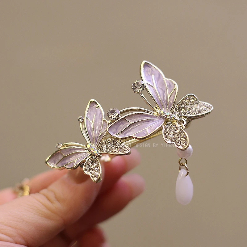 Beautiful Butterfly Barrettes Elegant Lavender Butterfly Gold Color Metal Spring Clip Woman Hair Accessories