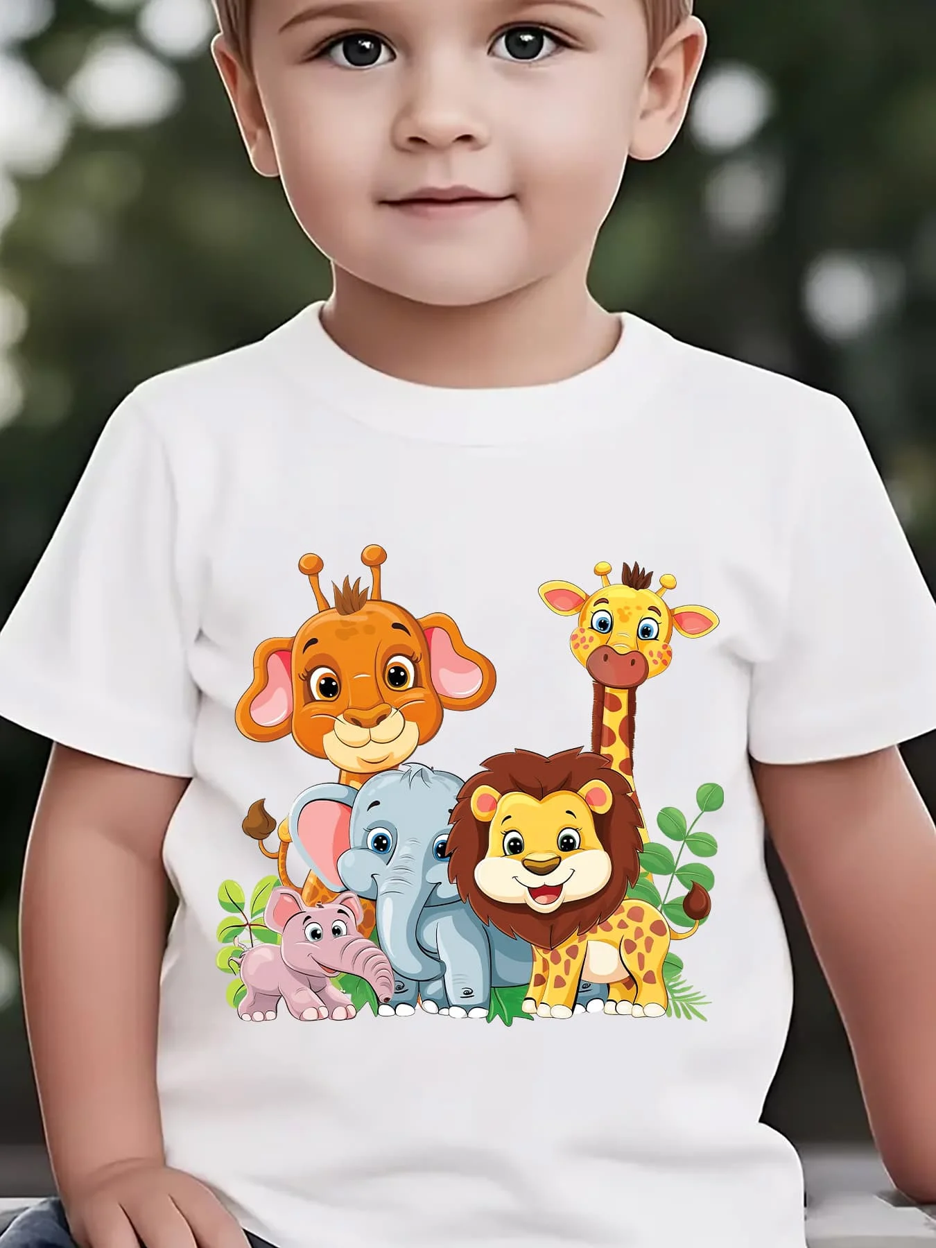 Lovely Jungle Animal Group Cartoon Print Boys Girls Family Matching Cotton Short Sleeve Crew Neck Soft Summer Kids Casual Tees