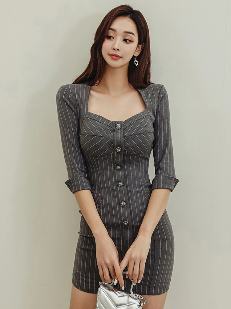 New Commute Lady Work Style Formal Pencil Dress Women Clothes Striped Elegant Office Sexy Square Collar Slim Short Mini Vestidos