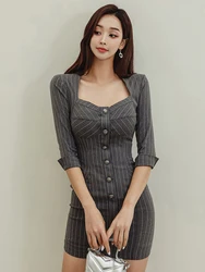 New Commute Lady Work Style Formal Pencil Dress Women Clothes Striped Elegant Office Sexy Square Collar Slim Short Mini Vestidos