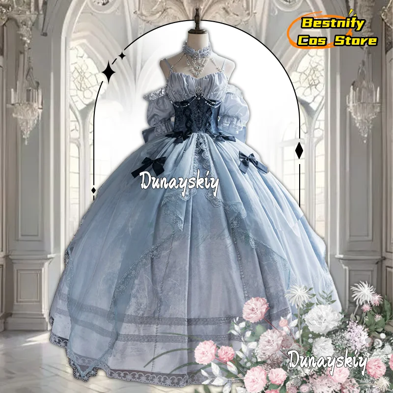 

{Bestnify Cos}Платье Золушки Лолиты Вечернее платье Юбка Свадебный костюм принцессы Элегантное синее платье с пышными рукавами Хэллоуин