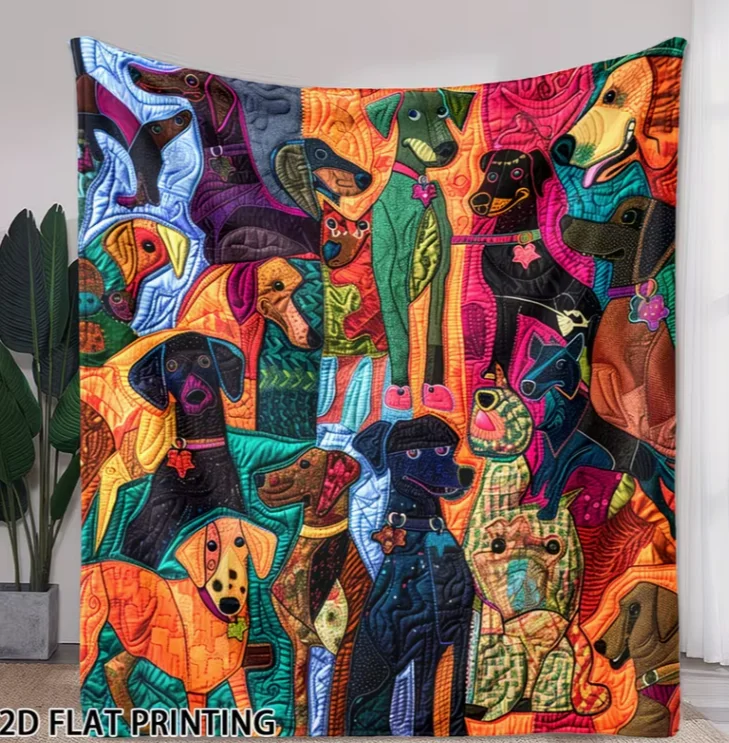 Comfortable Multicolor Dog Patchwork Pattern Flannel Blanket - Warm, Soft, and Pilling-Resistant Doberman Labrador Beagle German