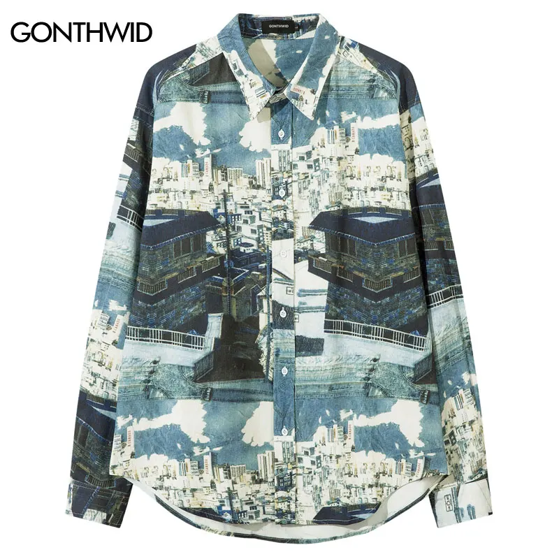 Oversized Shirt Y2K Graphic Printed Button Up Long Sleeve Cotton Shirts Streetwear Vintage Hip Hop Harajuku Casual Blouse Tops