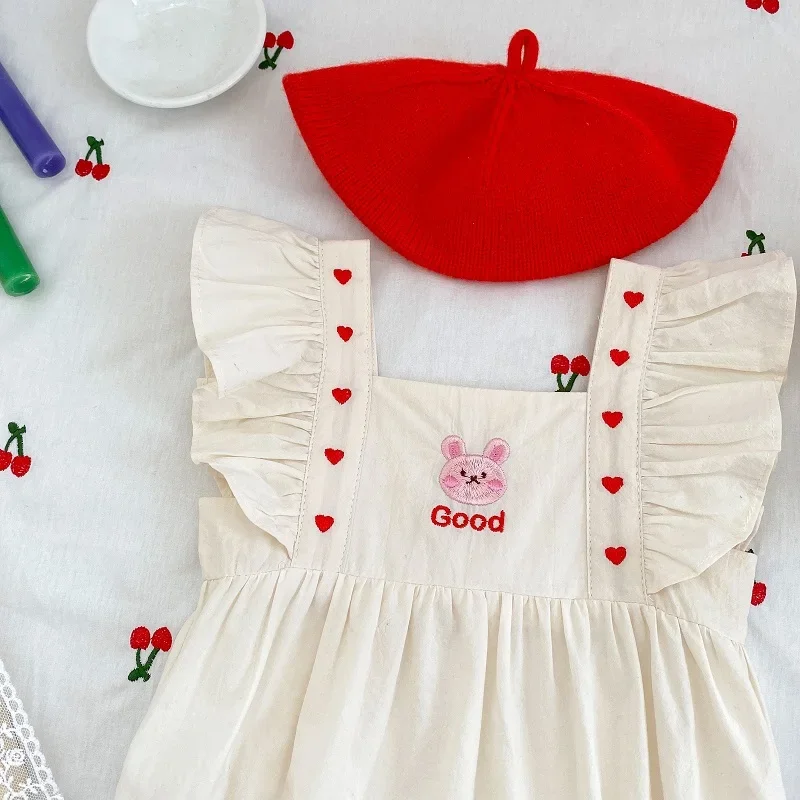 الوليد طفلة رومبير الكشكشة أكمام ساحة طوق أرنب التطريز مريلة من القطن Playsuit ملابس الصيف 0-24 أشهر