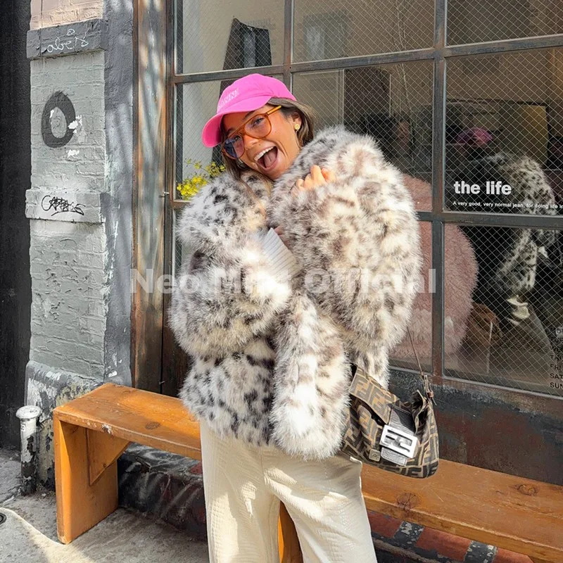 Neo Mint Vintage Classic Leopard Big Fur Collar Jacket Women Winter Brand Fashion Furry Faux Fox Fur Coats Chic Girls Streetwear