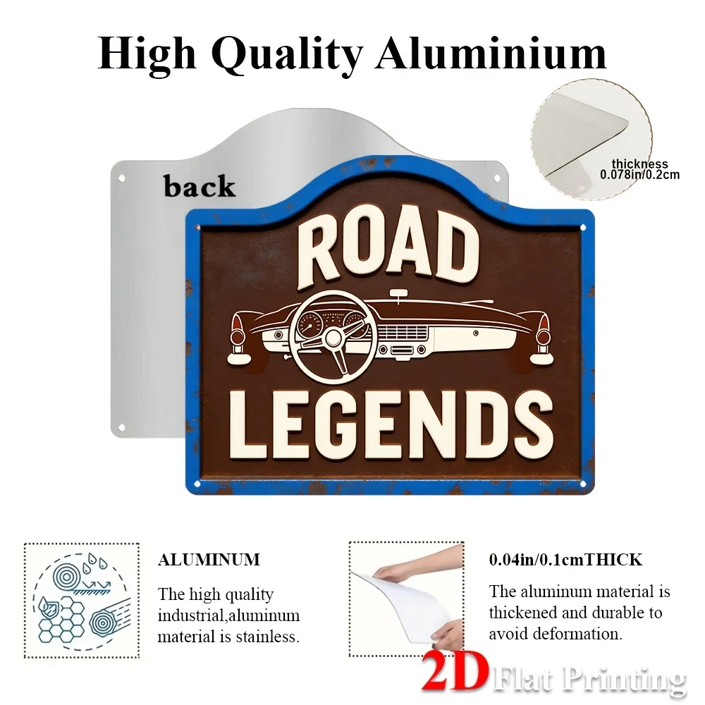 1pc 2D Flat Sign Artwork Showcasing A Classic Car Design Titled 'Road Legends', Ideal For Decorating A Garage, Bar, Or Man Cave