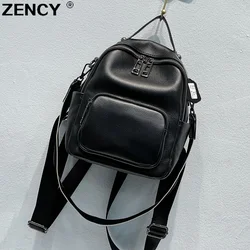 ZENCY 100% Genuine Cow Leather Calfskin Women Backpacks Naturally Fall Cowhide Book Dual Function Backpack One Shoulder Bags