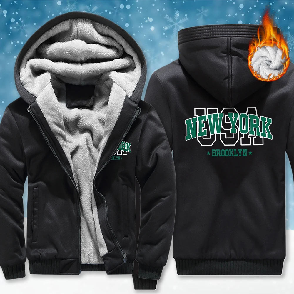 

Usa New York Brookl Yn Print Male Zipper Jacket All-Match Retro Coat Simple Casual Clothes Unisex Winter Thicken Loose Top