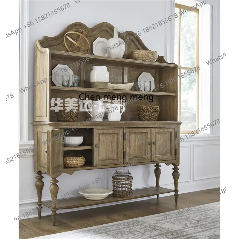 

Hot sales French rural solid wood retro storage American wine cabinet antique storage cabinet shelf bookcase braided rattan