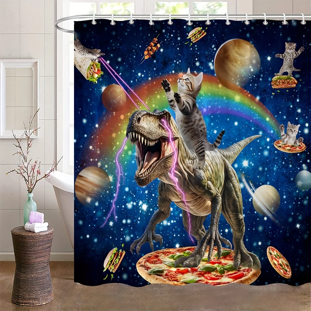 Funny Dinosaur Cat Bath Curtain with Pizza, Rainbow & Planets Design - Washable Polyester Shower Curtain with Hooks
