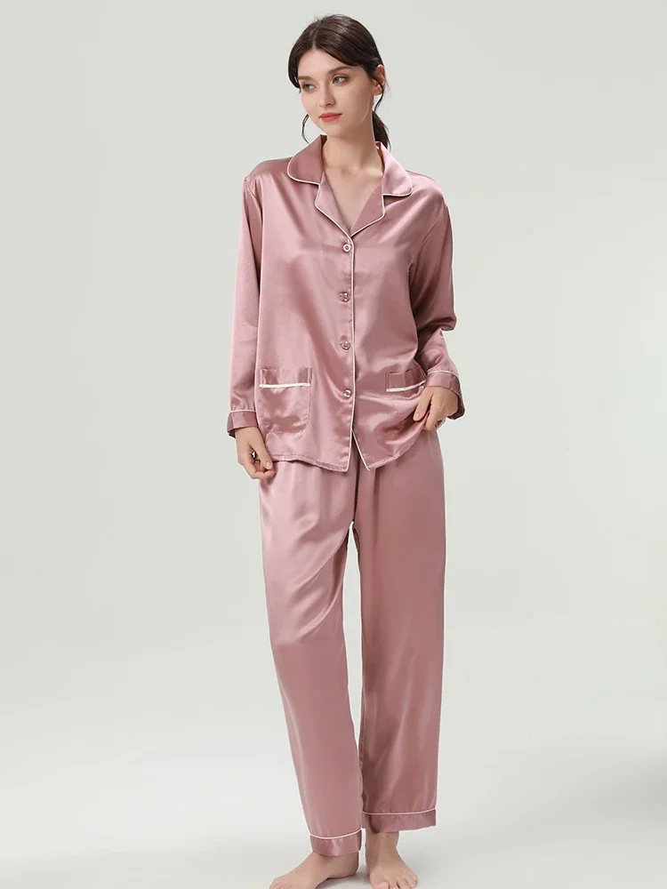 

30MM 100% Mulberry Silk Long Sleeve Pajamas Two Pieces Luxury Women Pajama Set Solid Color Home Suits Sleep Lounge Underwear PJS