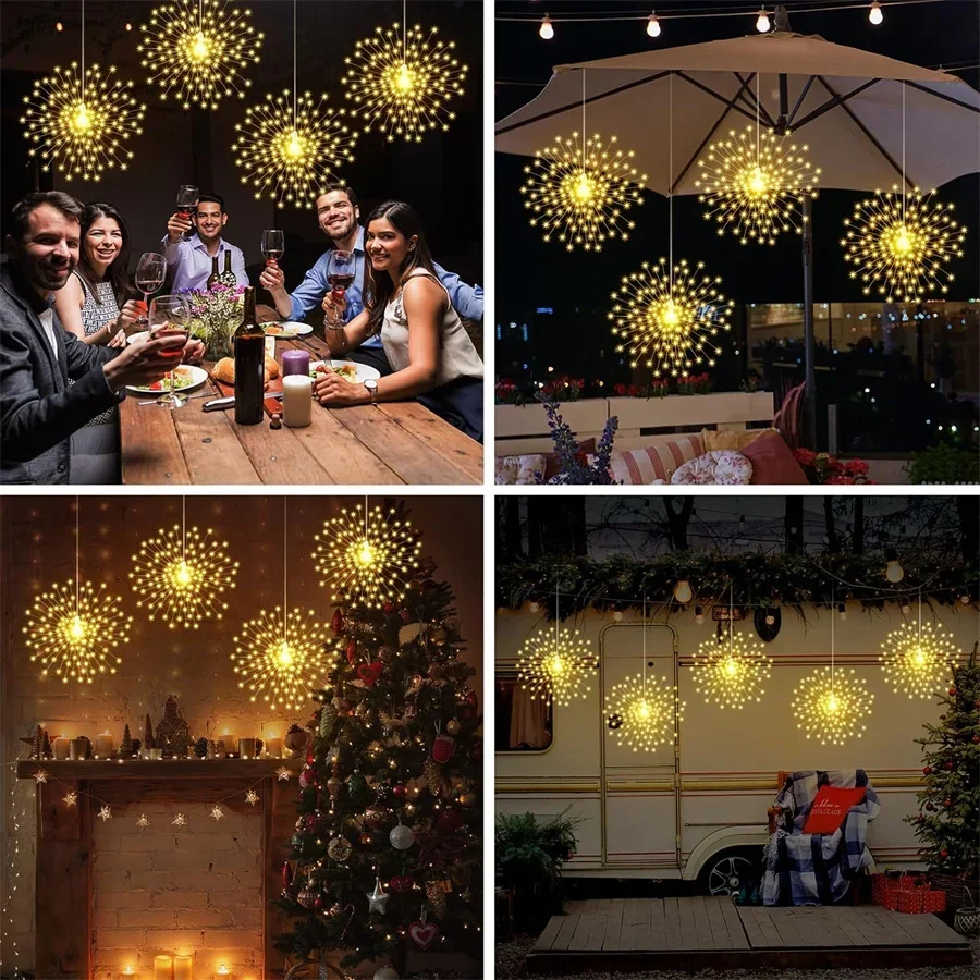 Paquete de 5/10 luces LED de fuegos artificiales para colgar al aire libre, luces Starburst, alambre de cobre navideño, guirnalda de luces para decoración del banquete de boda