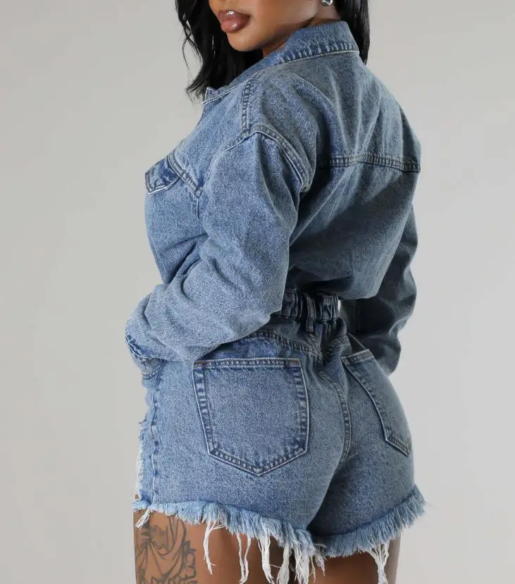 

High Elasticity Perforated Loose Fit Denim Jumpsuit with Tassel Detailing Washed Effect Comfortable Jumpsuit for Casual Wear