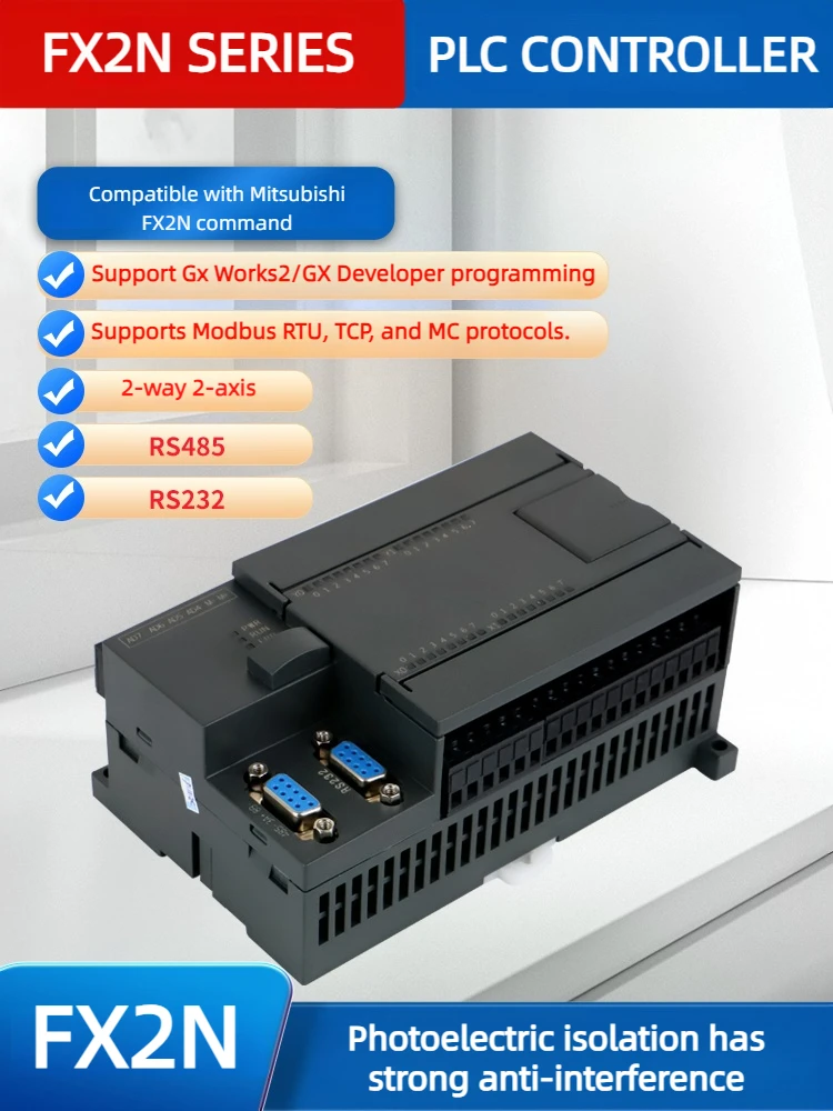 Placa Industrial do Controlador do Plc Fx2n 16 26 30 40mr t com Analógico 4ad2da Apoia a Programação de Software do Works2 Modbus Rtu Tcp