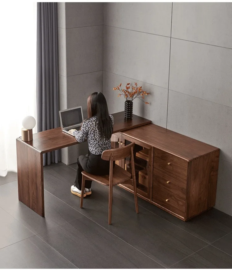 All solid wood corner desk North American black walnut desk Multifunctional combination corner writing  bookcase