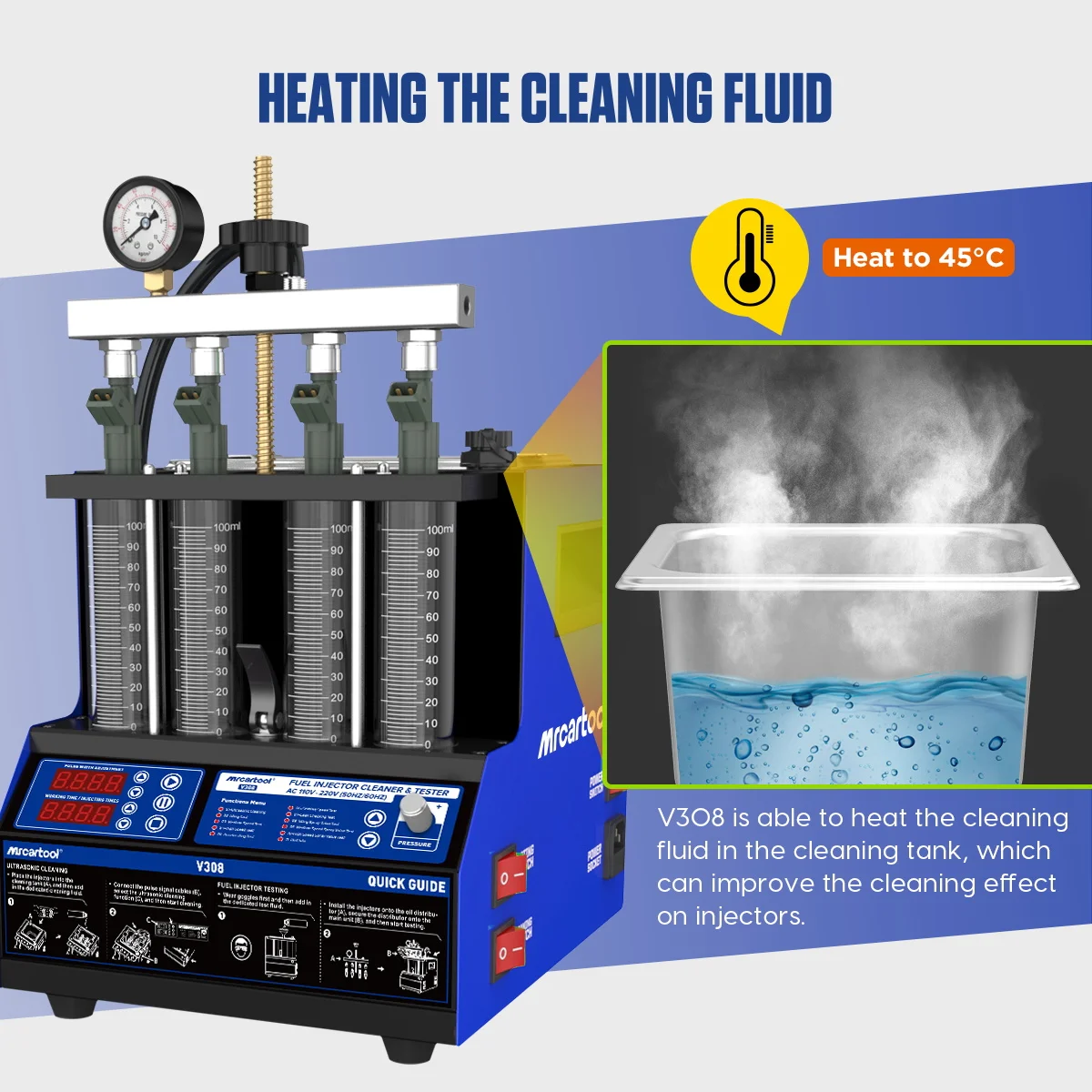 MR CARTOOL V308 Injector Cleaner Machine 4-Cylinder Injector Cleaner Tester Machine Heated Ultrasonic Fuel System Injection Cleaning Kit for Petrol Car Motorcycle 110V view 3