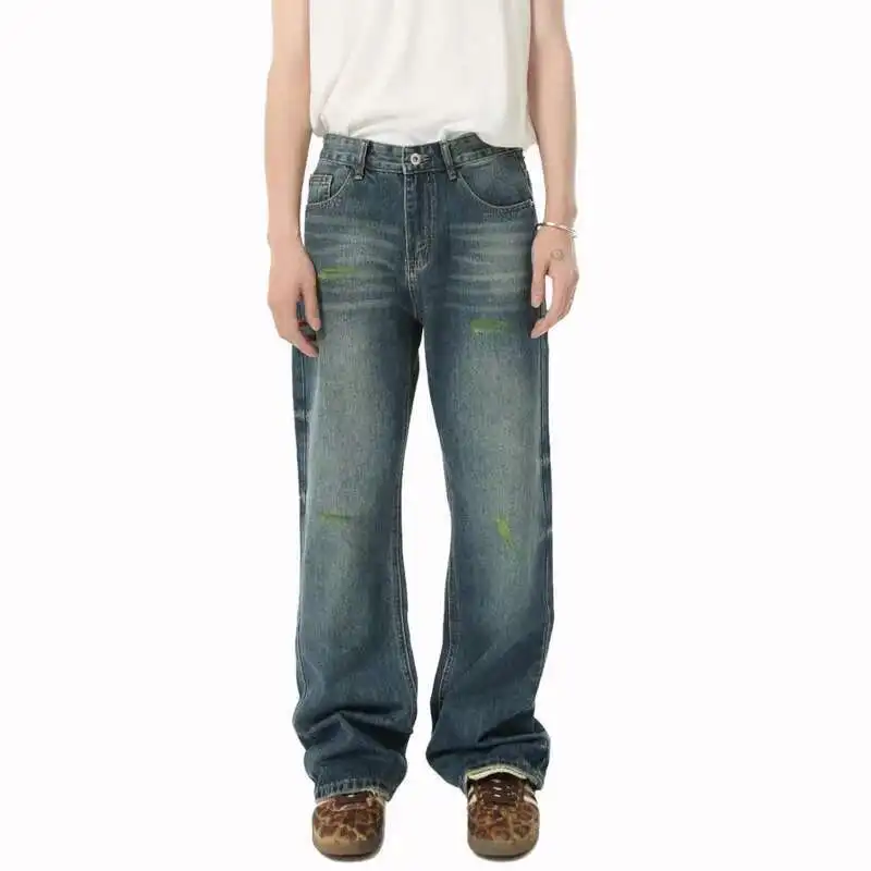 

American Men's Jeans New Wrinkle Brushed Paint Micro Flared Trendy Male Casual Washed Denim Pants High Street
