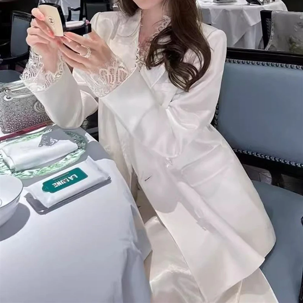 2026 autumn high-end sense, great-looking celebrity, white satin lace splicing suit, skirt suit, women blazer