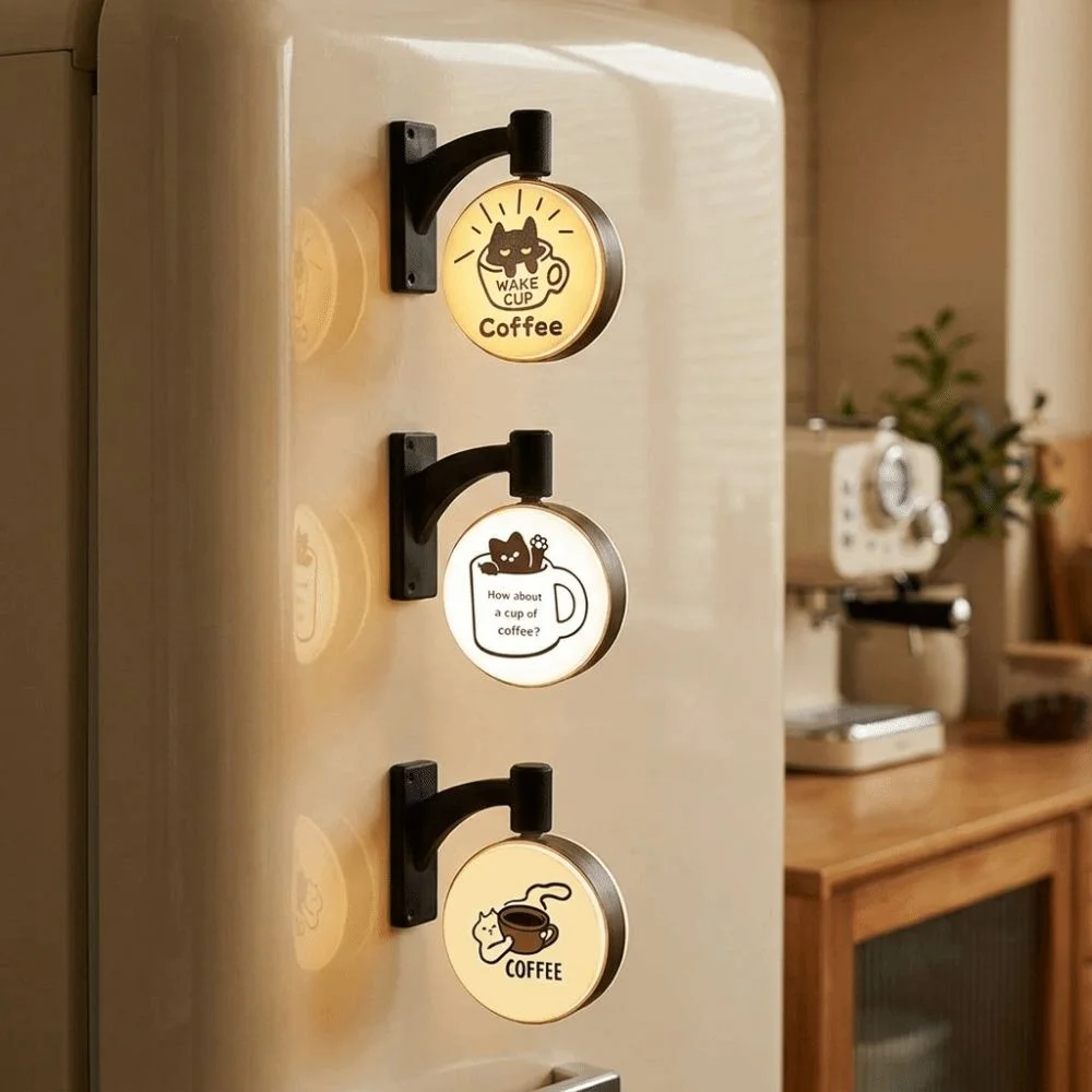 Rotatable Cat Fridge Magnet Light Up Round Light Sign Creative Cat Coffee Theme Cat Coffee Light Sign Refrigerator Decoration