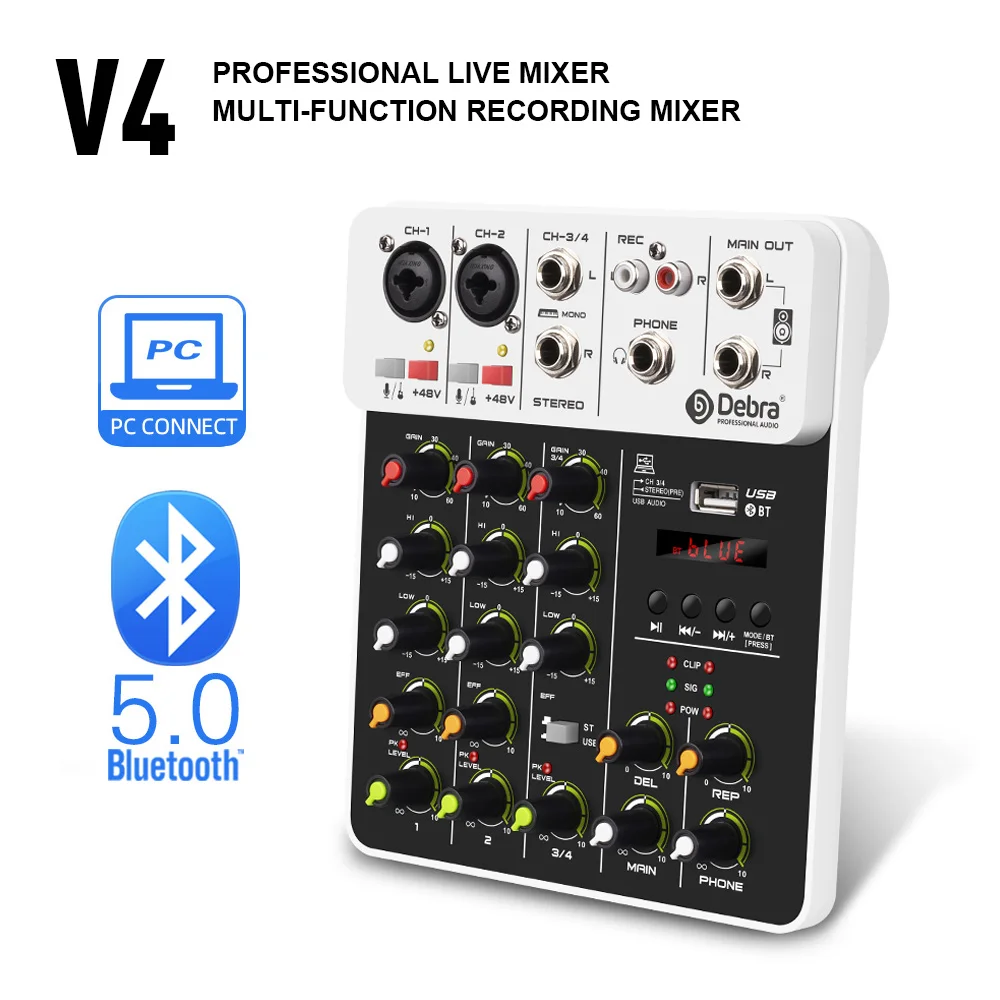 Debra V4 Audio Mixer DJ Console 4 Channel  Protable 48V Phantom Power USB DJ Console With Sound Card  For PC Recording Singing