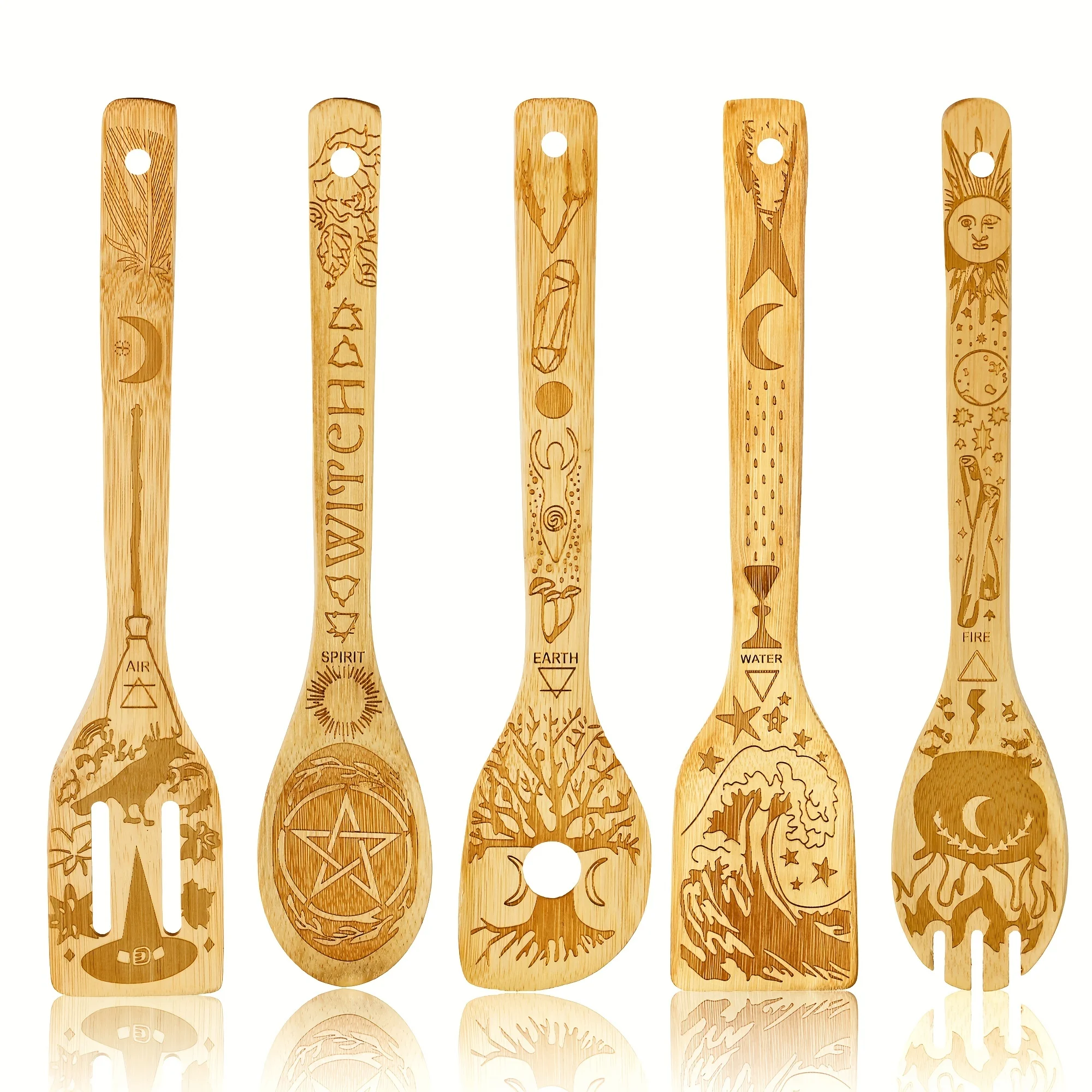 

Набор антипригарных бамбуковых кухонных принадлежностей, комплект деревянных ложек для Хэллоуина, кухонная утварь с узором кошки, семейный подарок, 5/6 шт.