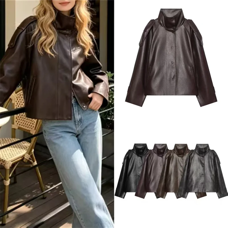 Guobioziy Women's Jacket 2026 Early Autumn New Style Fashion Premium Long Sleeve Stand Collar PU Washed Leather Short Jacket