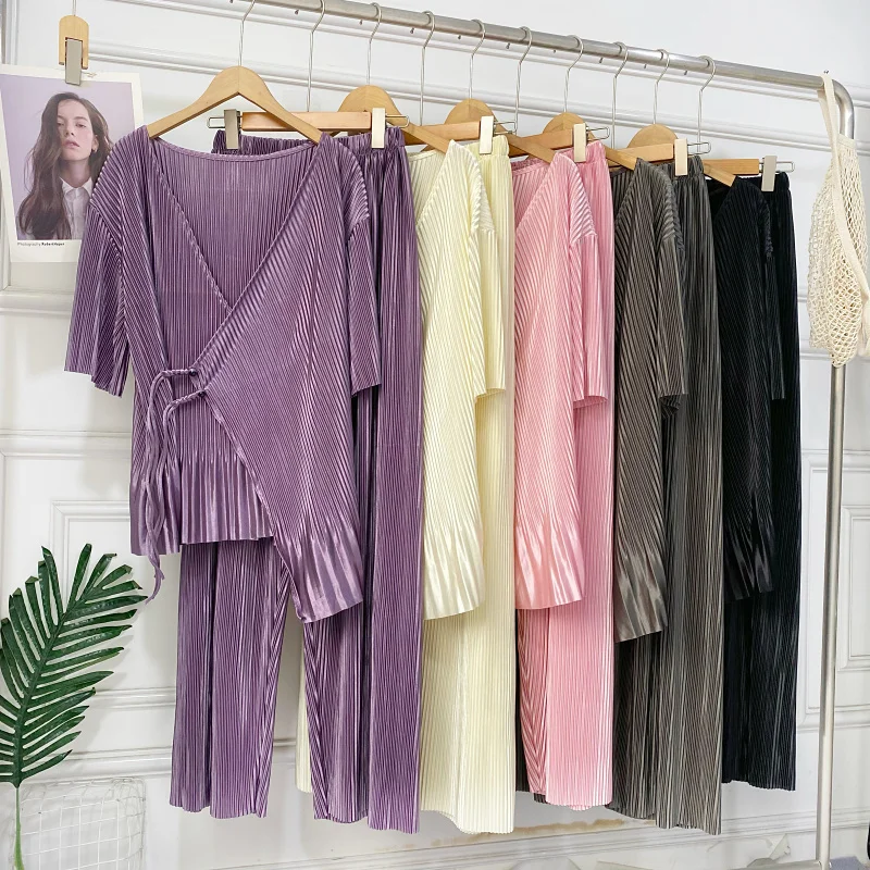 Pants Sets Fashion Elegant Pleated V-Neck Buckle Irregular Hem Tops High Waist Slim Wide Leg Pants Summer Two-Piece for Women