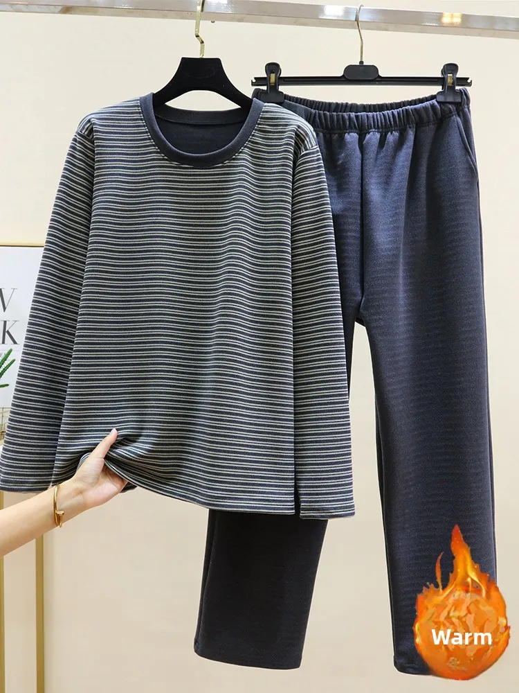 Thickened Fluffy Home Clothes Set Men's Loose Striped Long Sleeve Shirt And Pants Winter Warm Sleepwear July Deer Brand
