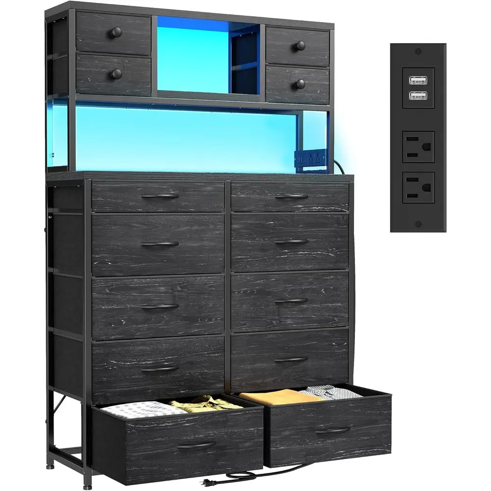 Multi-Fabric Drawer Dresser with Charging Station and LED Lights for Bedroom, Steel and Wooden Top Options