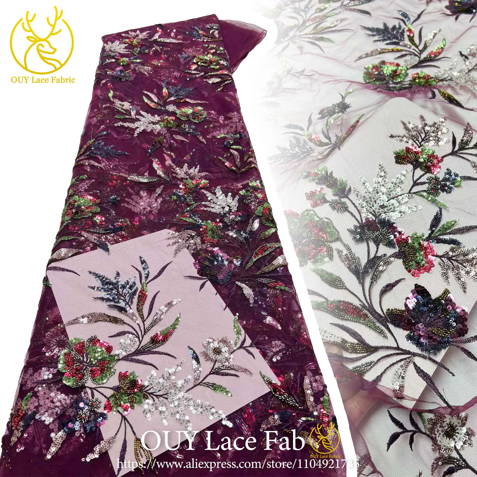 Latest Sequin Embroidered Lace Fabric 2026 High-Quality Nigerian Beaded Lace Fabric Suitable for Women's Wedding Dresses 5 Yards