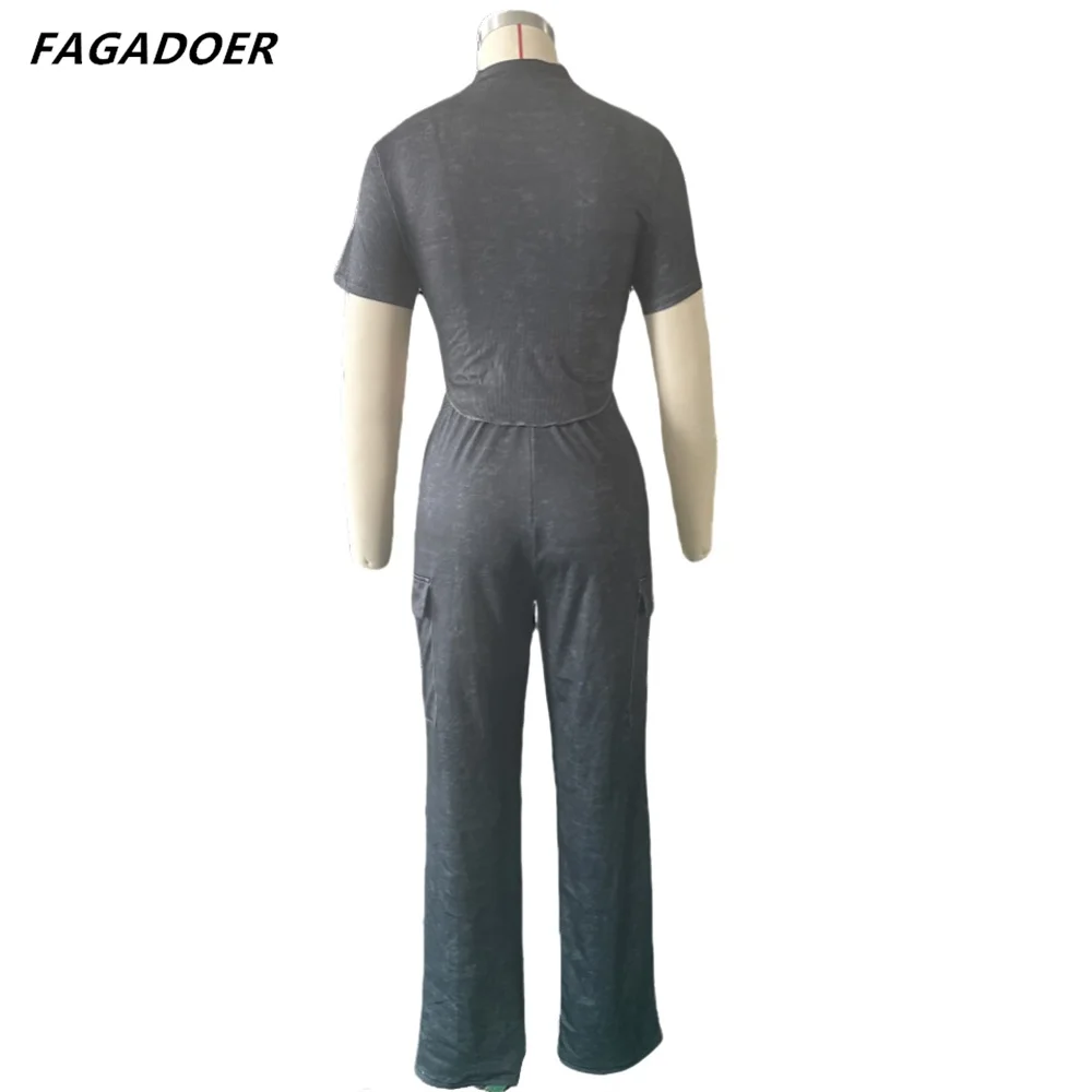 FAGADOER New Rib 2 Piece Sets Outfit Women Short Sleeve Zip Crop Top And Pockets Patchwork Pants Suits Fashion Sport Streetwear