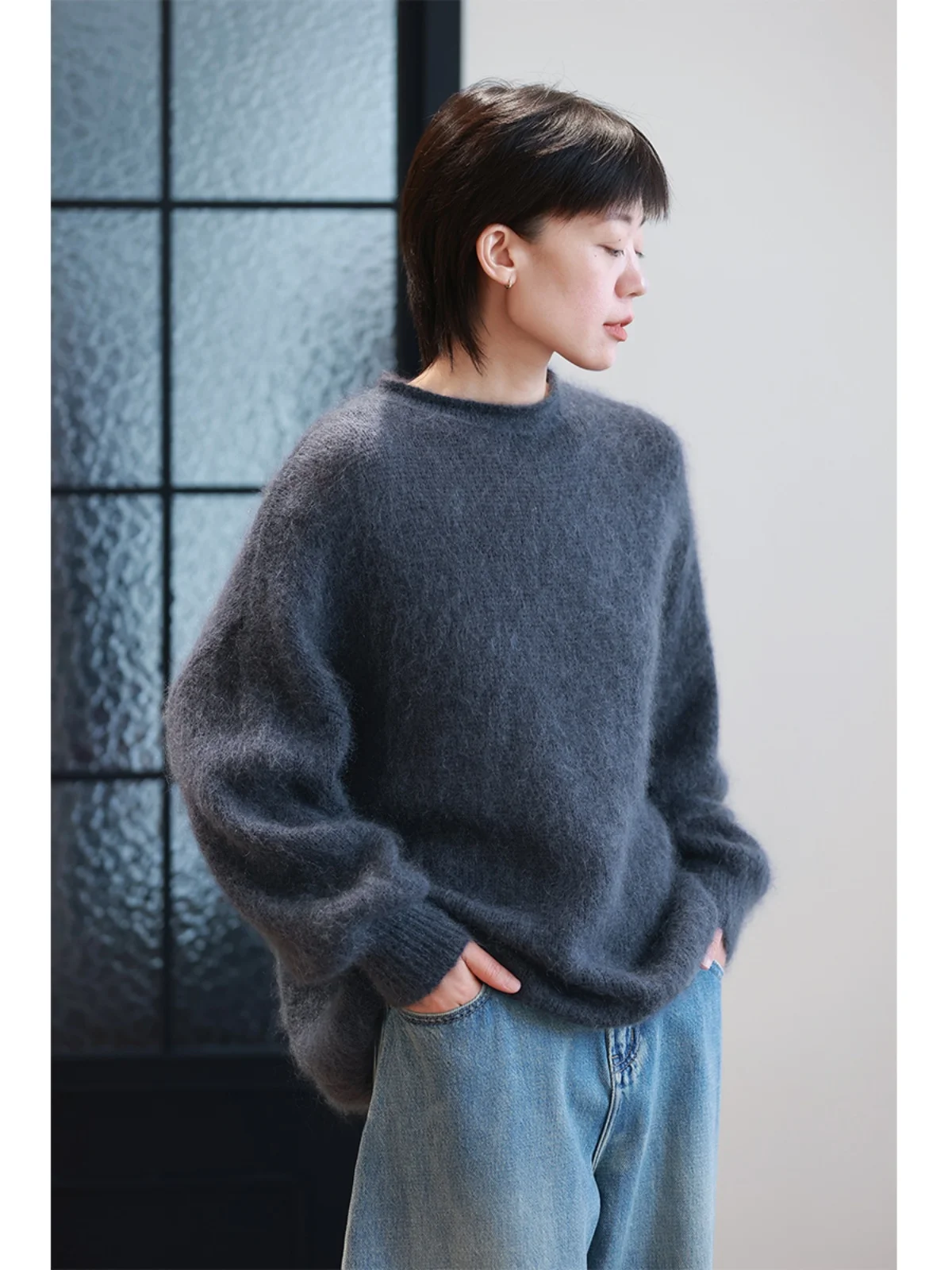 

Свободный вязаный свитер с рукавами-фонариками и круглым вырезом для женщин, осенне-зимний, новый, уличный стиль, теплый, из смесовой шерсти