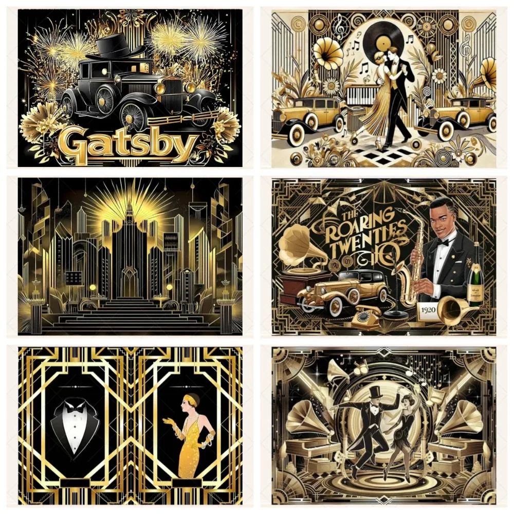 

Retro Era Jazz Dance Black Gold Roar Photography Background, Adult Birthday Party Decoration Photography Studio Background Props
