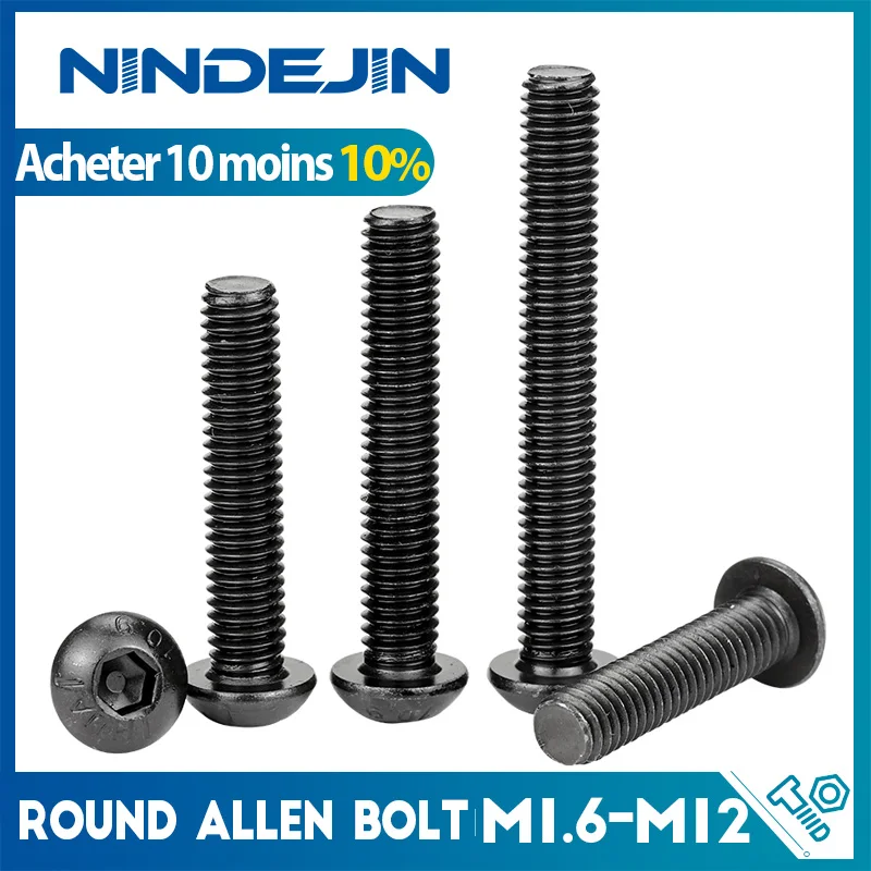 Vis à tête ronde à bouton hexagonal M2 M2.5 M3 M4 M5 M6 M8 M10 M12, vis Allen noire en acier au carbone pour moto