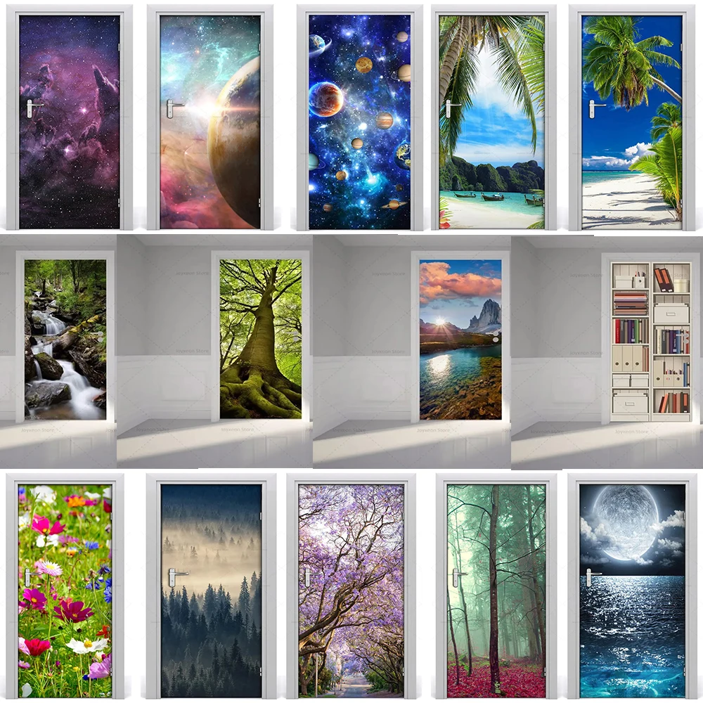 

3D Starry Sky Door Sticker Natural Green Landscape Wall Mural Vinyl PVC Waterproof Self-adhesive Home Decoration Door Sticker