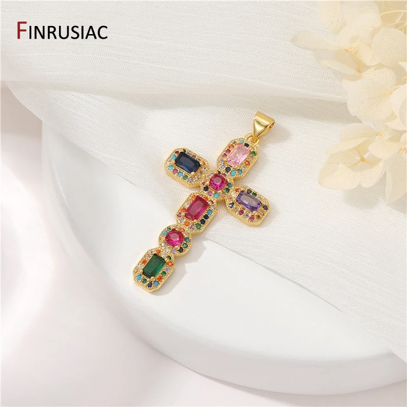 14K Gold Plated Brass Colorful Cubic Zirconia Large Cross Pendant For Religious Faith Charm Necklace Jewelry Making Accessories