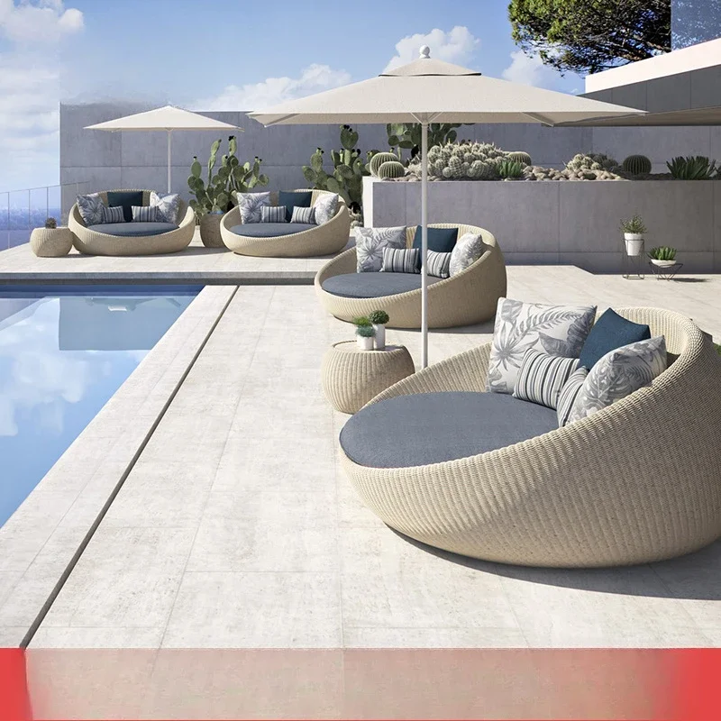 Outdoor rattan round bed, villa courtyard open-air leisure rattan chair, swimming pool creative with canopy bed shading
