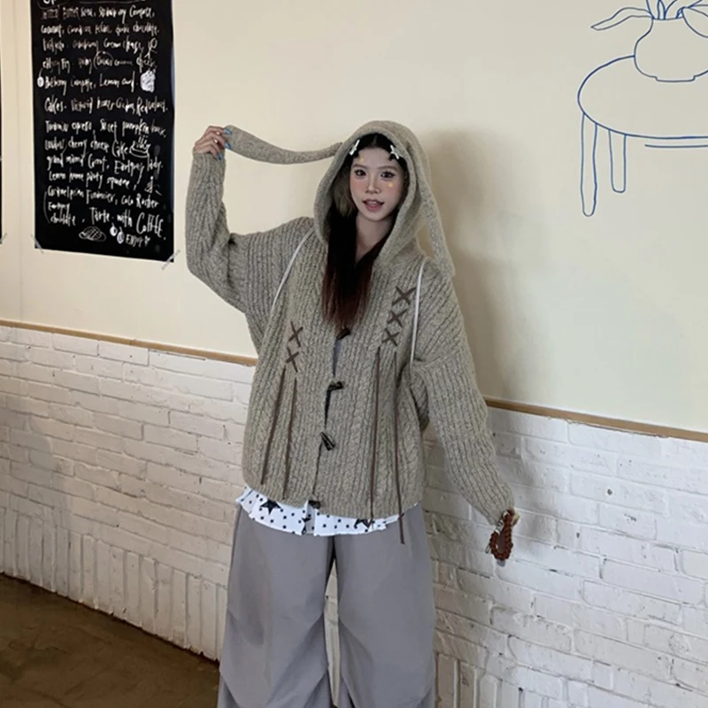 

Y2K Hooded Knitted Cardigan Women Harajuku Cute Core Sweater Outerwears Streetwear Long Sleeve Knitwears Winter Korean Jumpers