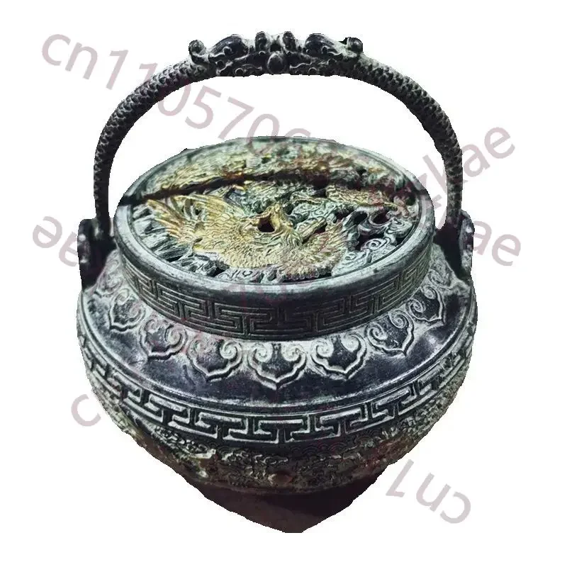 Bronze Incense Burner with Dragon And Phoenix Patterns Lifting Beam Ancient Chinese Home Decorative Item