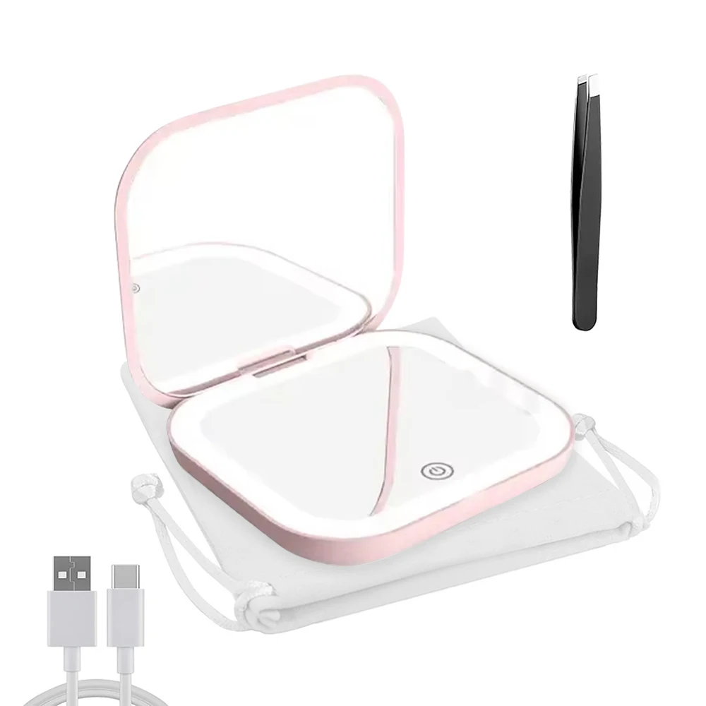 Espejo de maquillaje de tocador de bolsillo iluminado portátil con pinzas para cejas Mini espejo cosmético compacto de viaje con aumento 1X/3X con LED