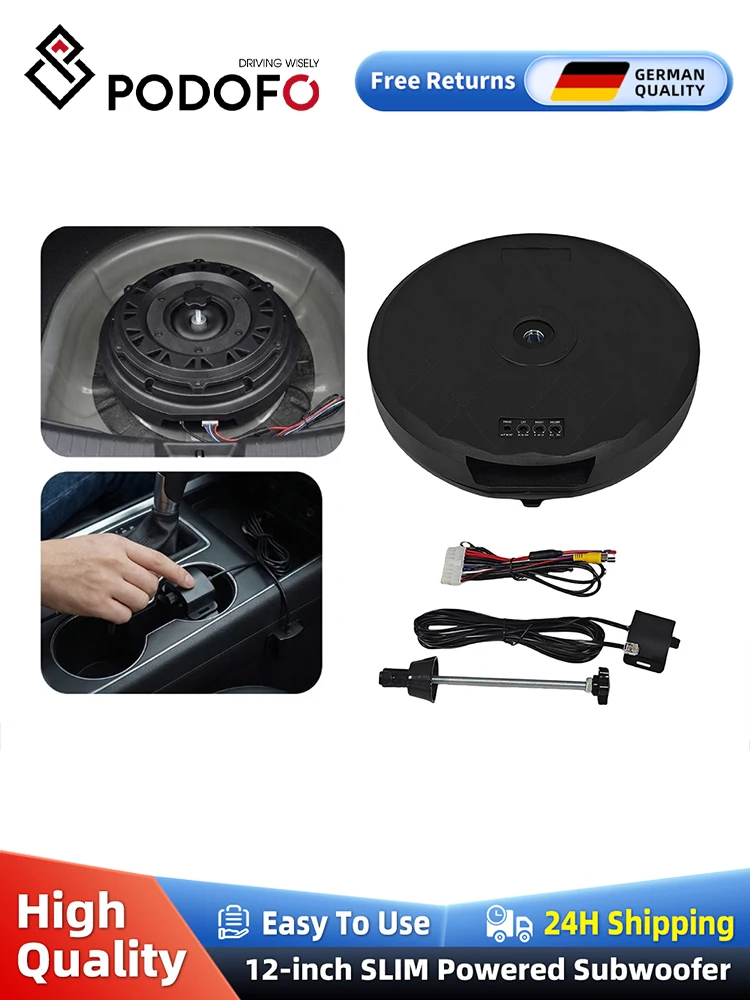 Podofo 12-inch SLIM actieve subwoofer behuizing en audiokabel 800w auto subwoofer past in reservewiel - afbeelding 2