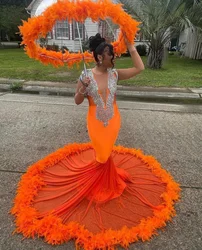 Orange Luxury Diamante Applique Feather Prom Dresses 2025 Black Girls Fishtail Long Party Dresses