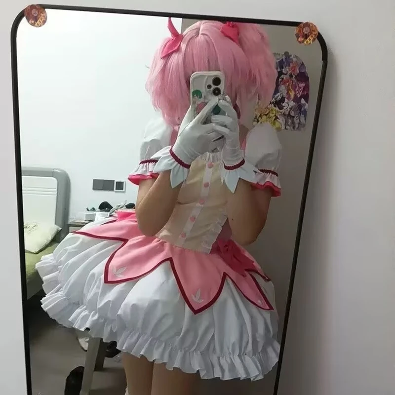 Kaname Madoka Cosplay Costume Wig Anime Puella Magi Madoka Magica Pink Dress Halloween Party Uniform Outfit for Women - view 2