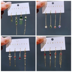 Luxury Design Multicolor Zircon Crystal Huggie Hoop Earrings Set Long Chain Tassel Women Party Jewelry